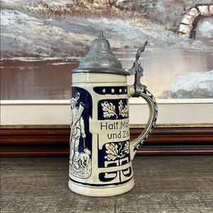 Vintage Wick-Werke West German Beer Stein, Hunter Scene, Model 1906, Pewter Lid